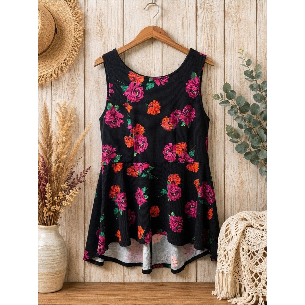 Torrid Black Multicolor Floral Print Ponte Peplum Hi Low Top Size 1 (14/16 1X)‎
